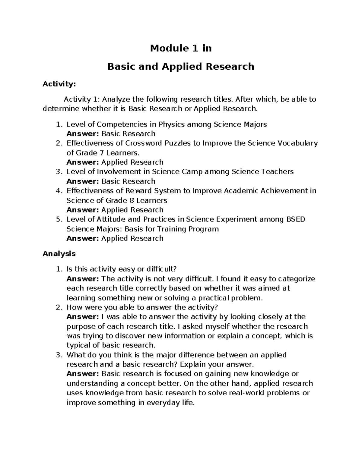 Module 1: Basic vs Applied Research Analysis Activities - Studocu