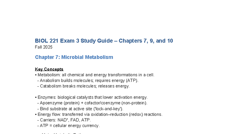 BIOL 221 Exam 3 Study Guide: Chapters 7, 9, and 10 - Studocu