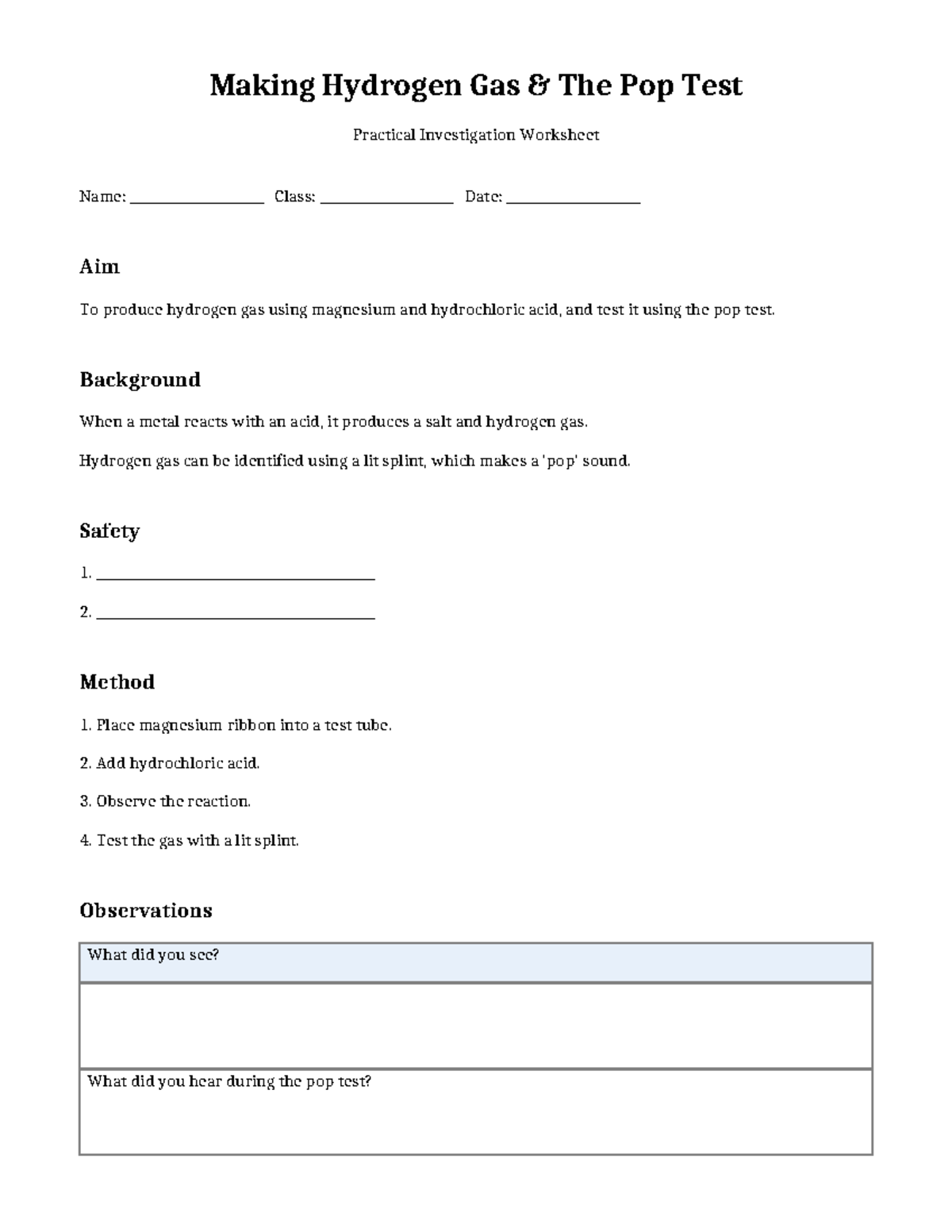 Hydrogen Gas Production: Pop Test Practical Worksheet - Studocu