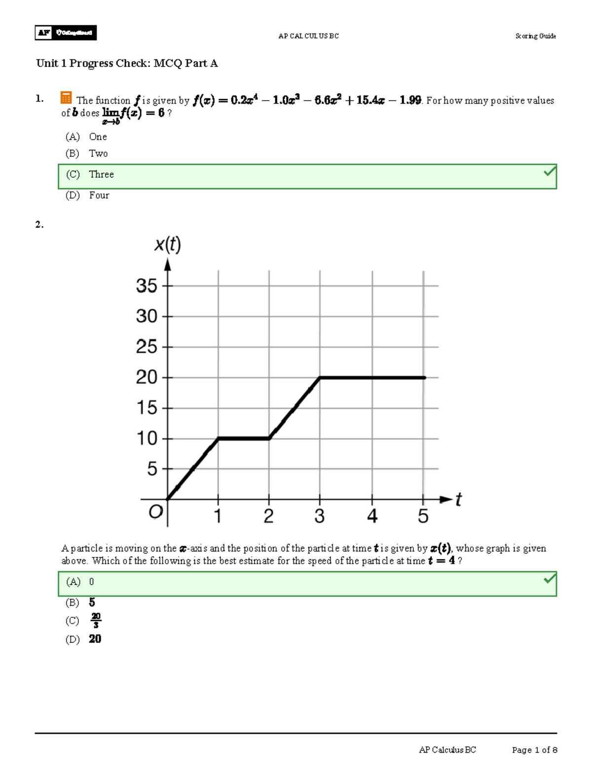 AP CALCULUS BC Unit 1 Progress Check: MCQ Part A Scoring Guide - Studocu