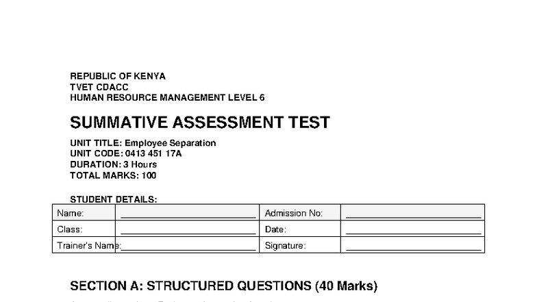 Employee Separation Assessment Test - HRM Level 6 (Unit 0413) - Studocu