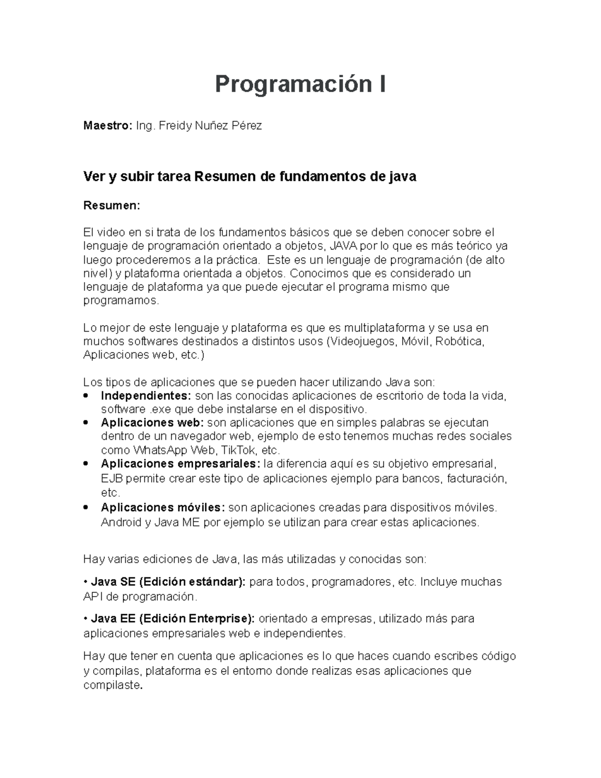 Resumen de Fundamentos de Java - Programación I (Ing. Freidy Nuñez ...