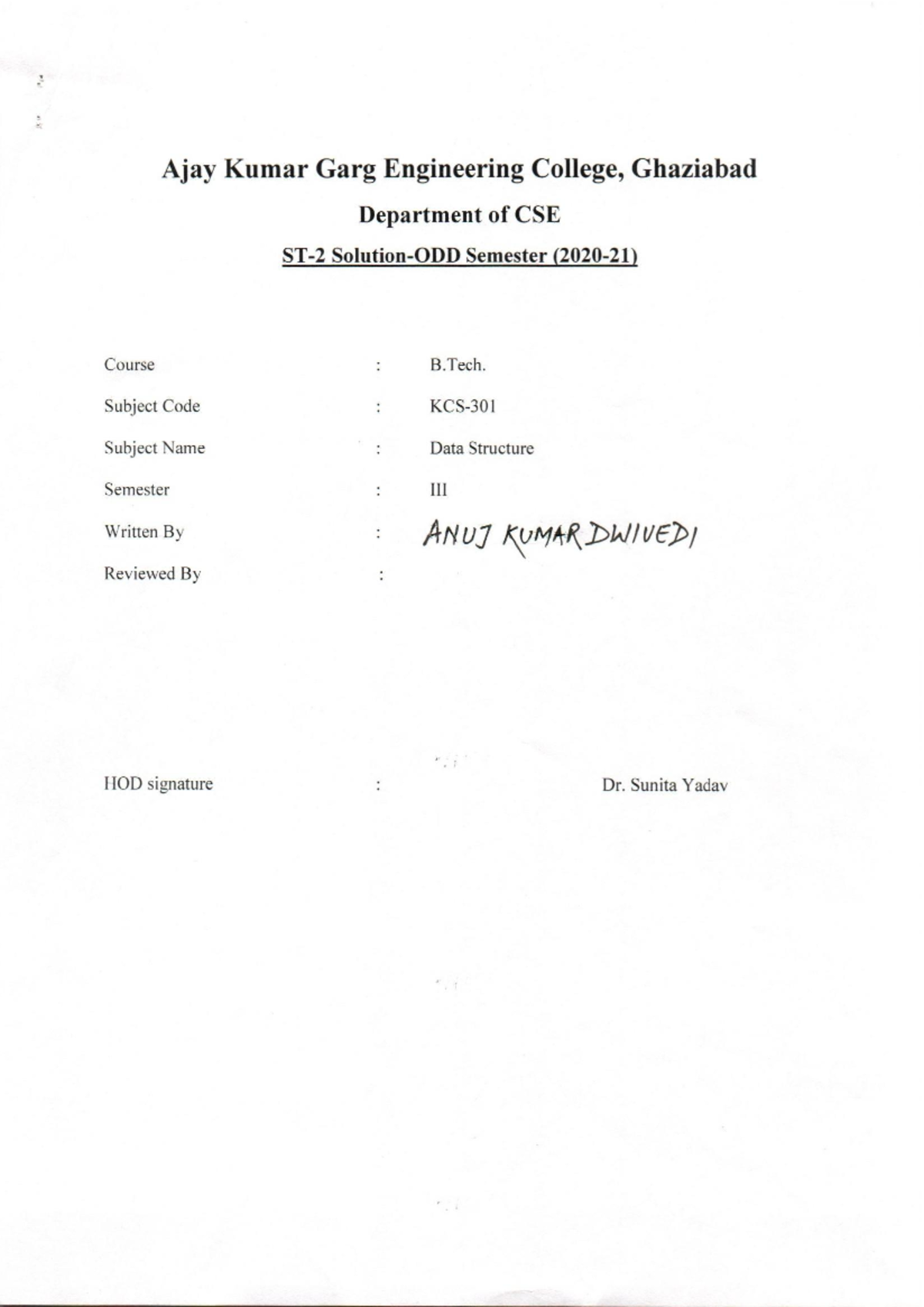 Data Structure Solutions KCS-301 ST-2 Sem 5 ODD 20-21 Exam Notes - Studocu