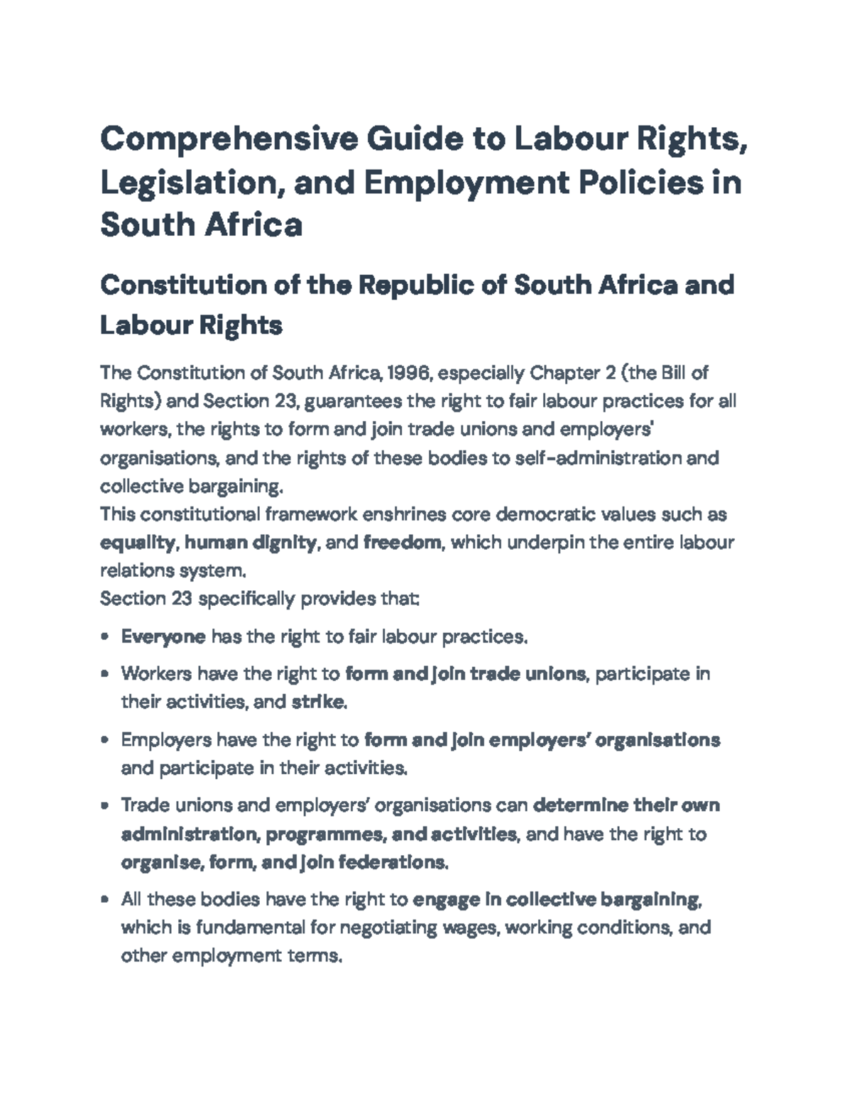 Comprehensive Overview of Labour Rights & Legislation in SA (Final Exam ...