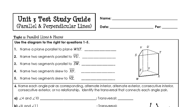 Unit 3 Test Study Guide: Parallel & Perpendicular Lines - Studocu