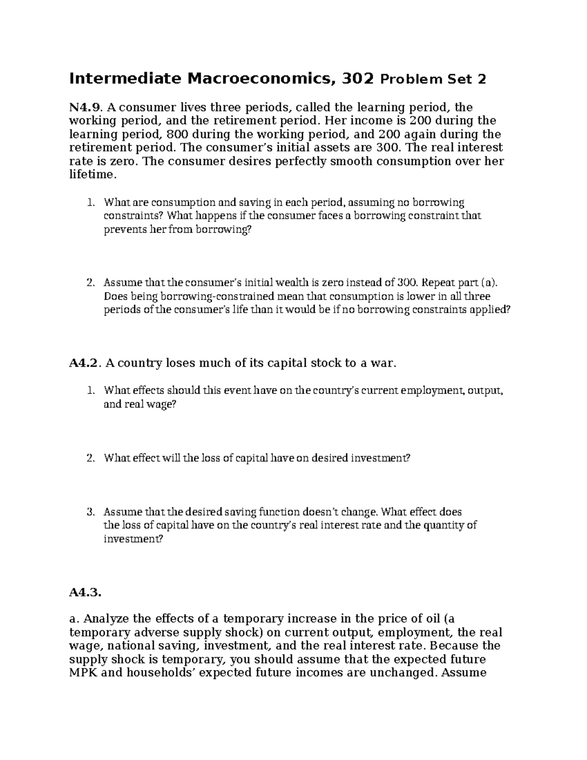 PS2: Intermediate Macroeconomics Problem Set 2 Solutions - Studocu