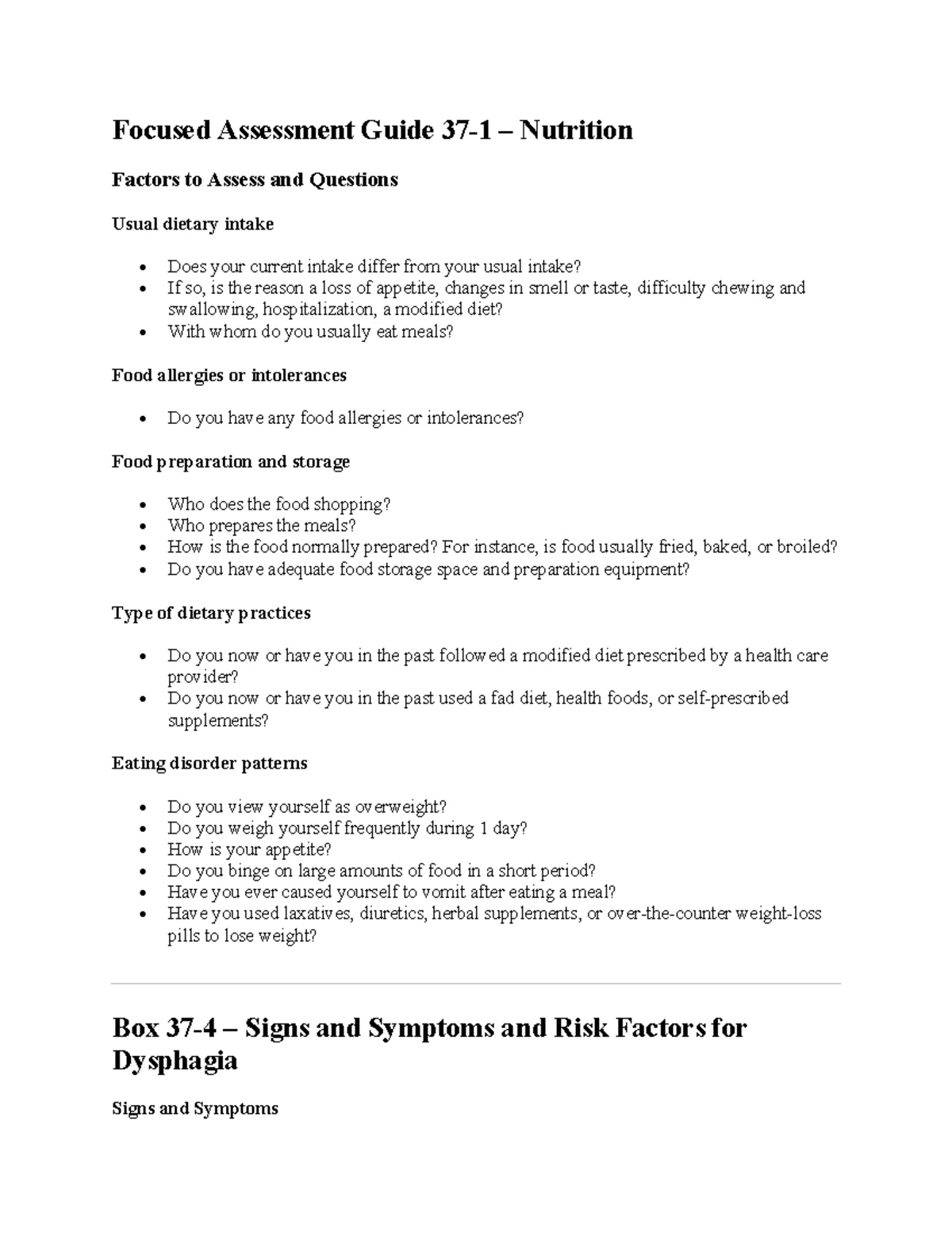 Nutrition Assessment Guide: Key Factors and Dietary Practices - Studocu