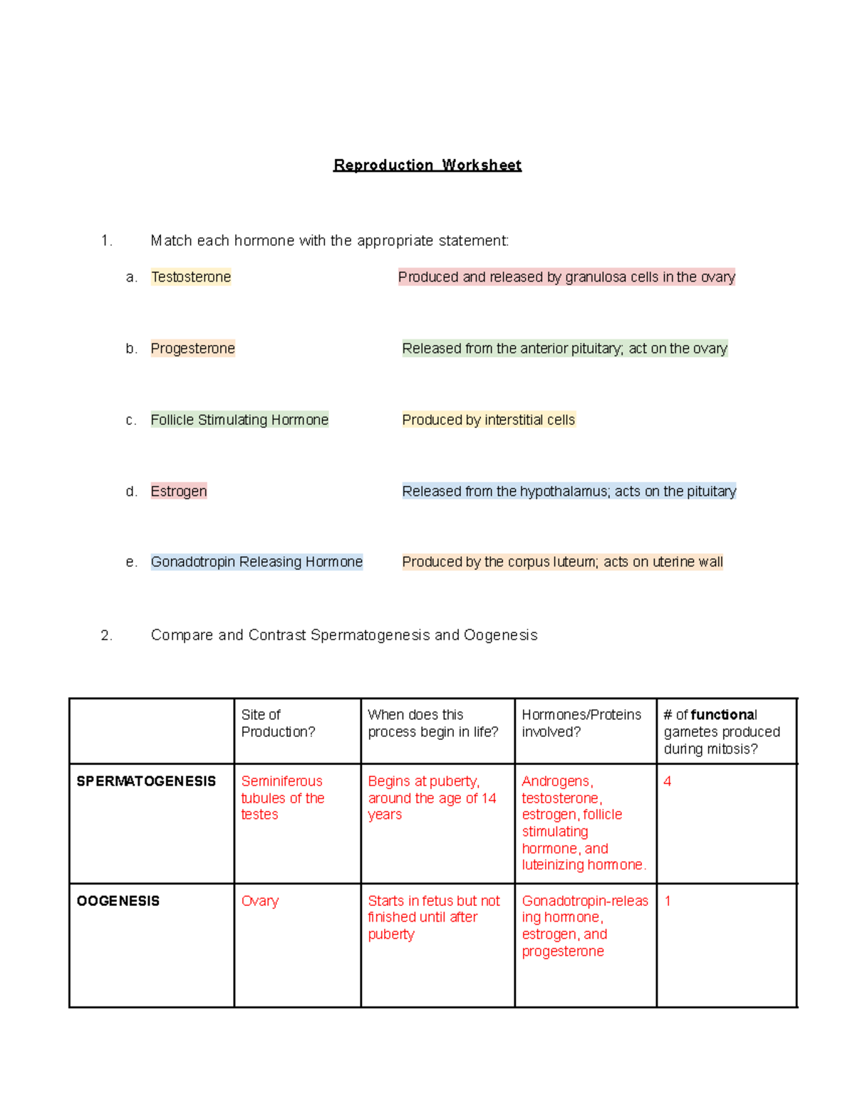 Reproduction Worksheet - Match each hormone with the appropriate ...
