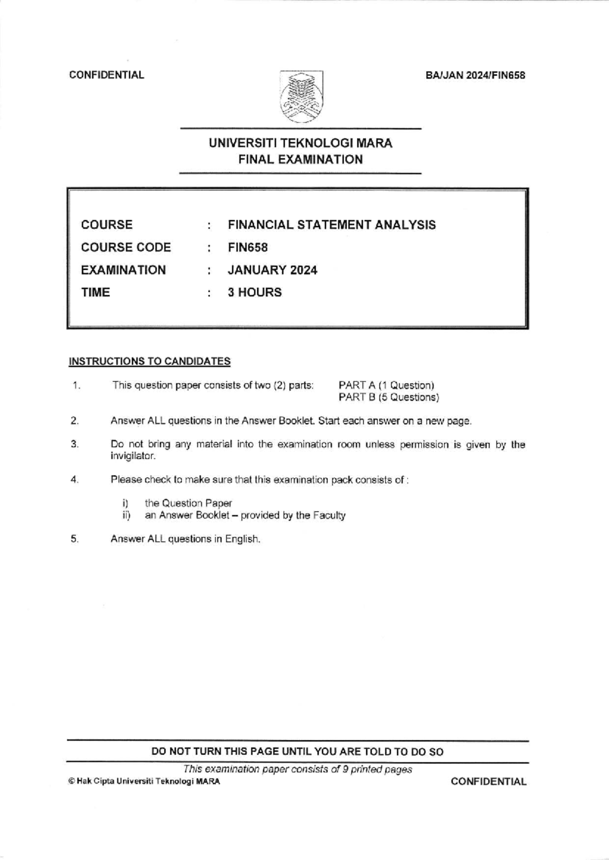 FIN658 JAN 2024 - Financial Statement Analysis Final Exam Questions ...