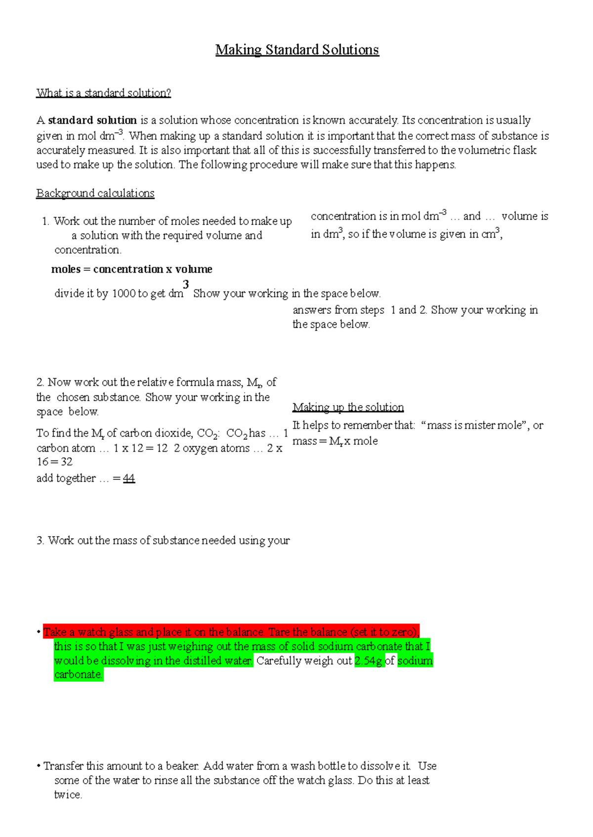 Making Standard solutions Instructions sheet - Making Standard ...