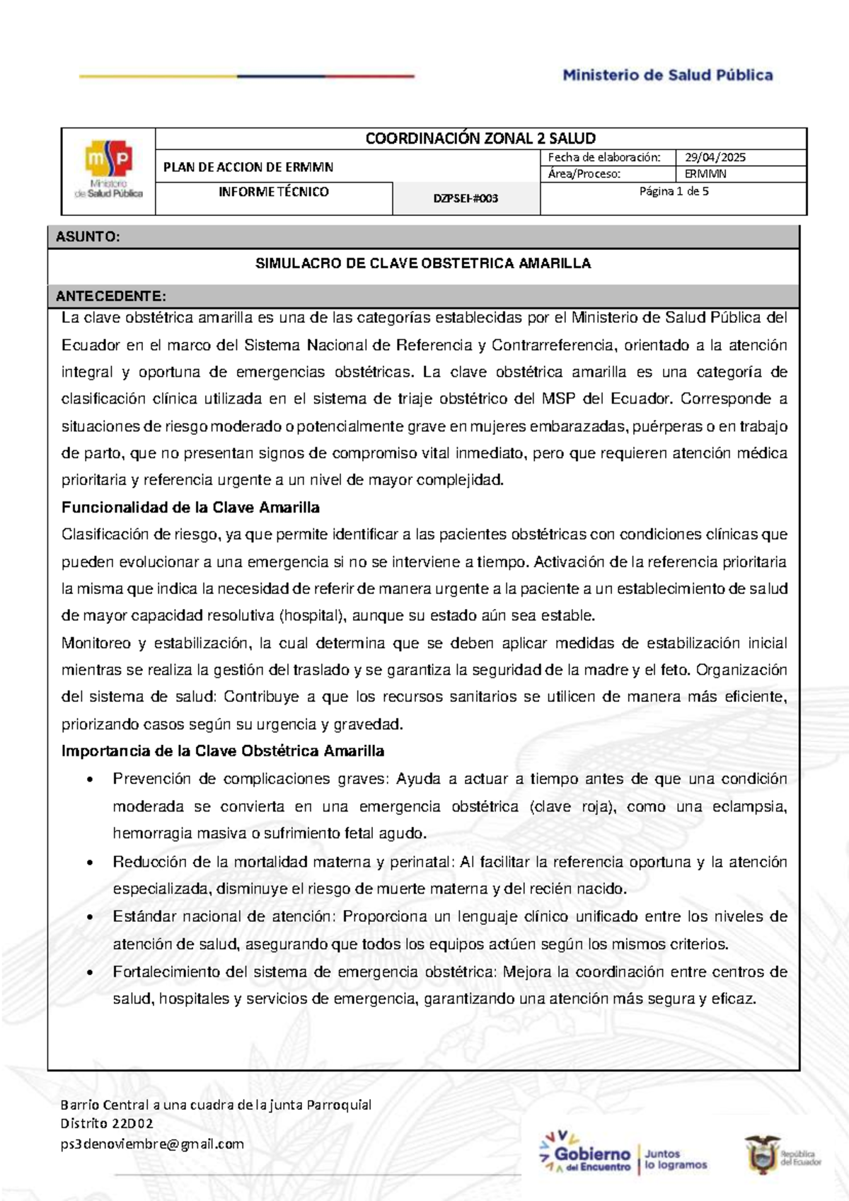 Informe Técnico sobre Simulacro de Clave Obstétrica Amarilla - PS 3 NOV 2025 - Document Preview