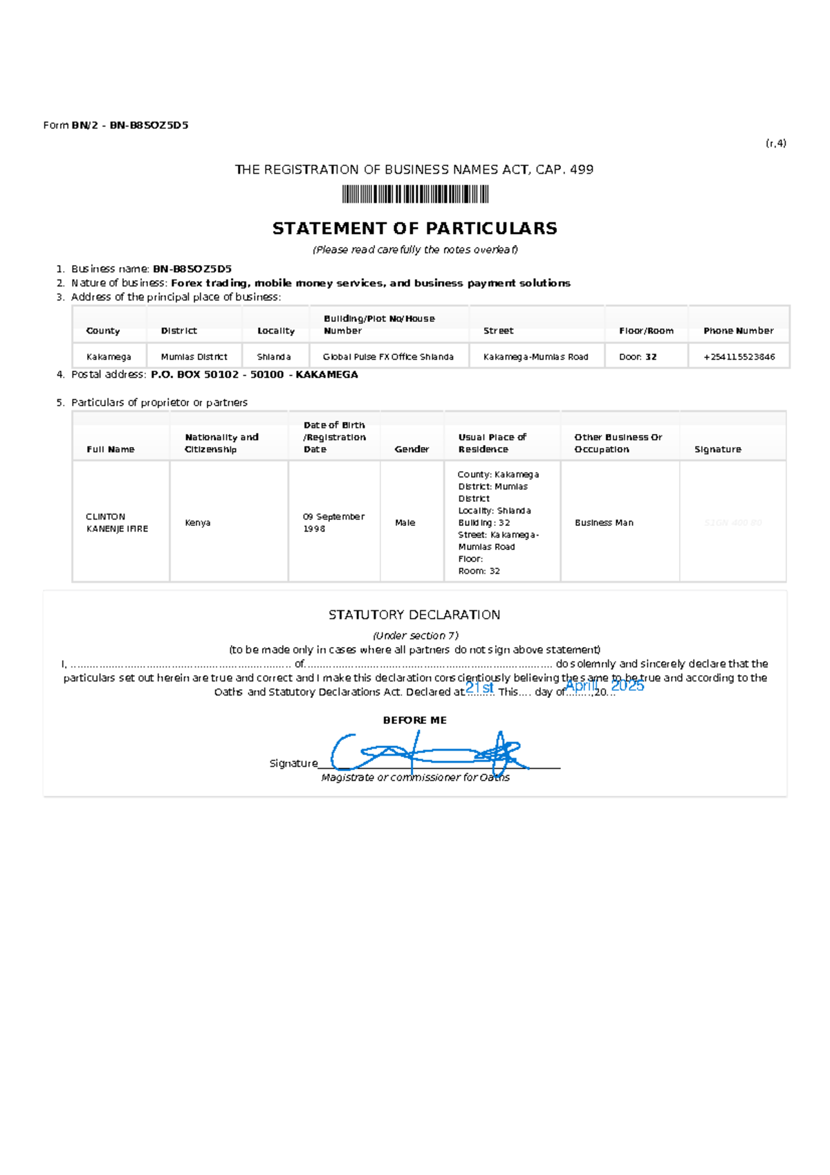 Business Registration Statement - Form (r,4) under CAP. 499 - Studocu