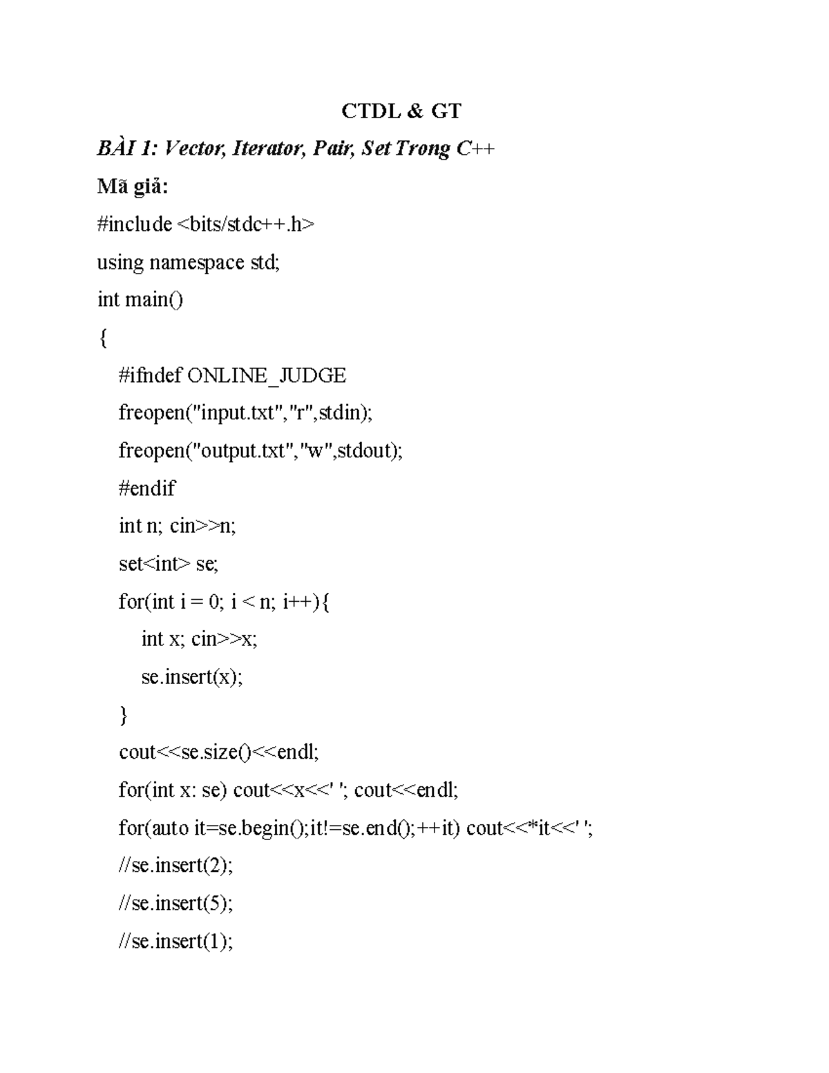 CTDL GT BÀI 1: Vector, Iterator, Pair, Set và Thuật Toán Tìm Kiếm - Studocu