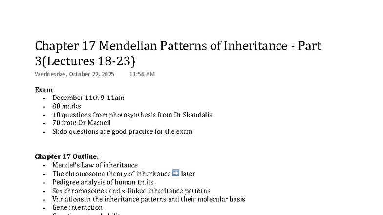 Chapter 17: Mendelian Patterns of Inheritance - Lecture Notes & Exam ...