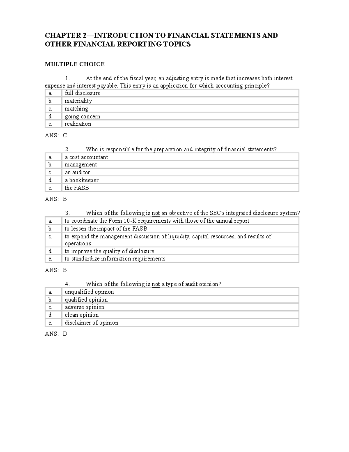 FSA Test Banks: Financial Statements & Reporting Topics (Chapter 2 ...
