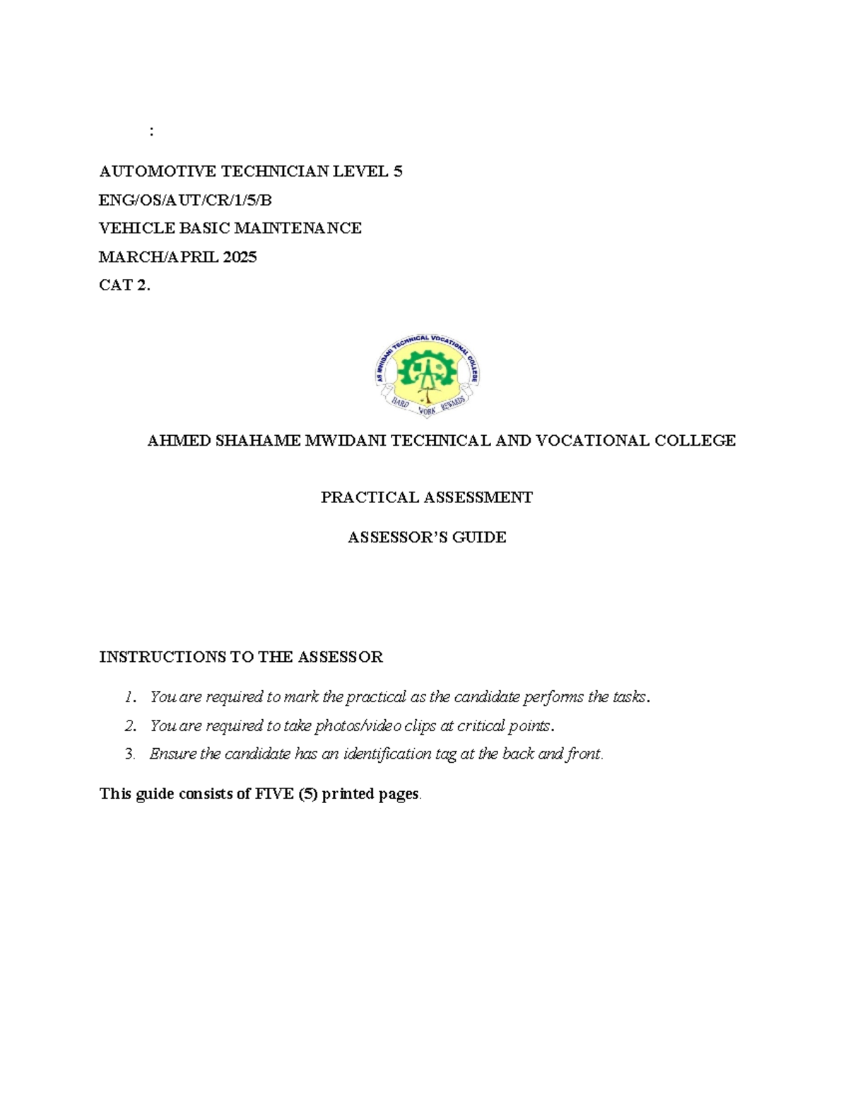 Automotive Technician Level 5: Vehicle Maintenance Practical Guide 2025 ...