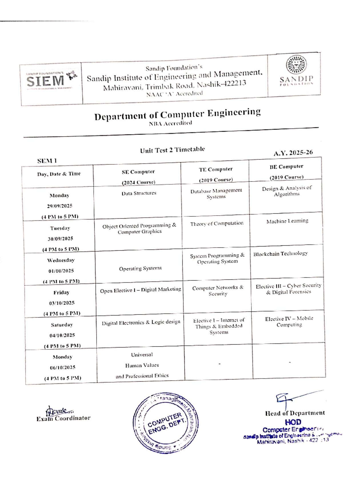 Unit Test 2 Timetable - Computer Engineering (SEM I) - Studocu