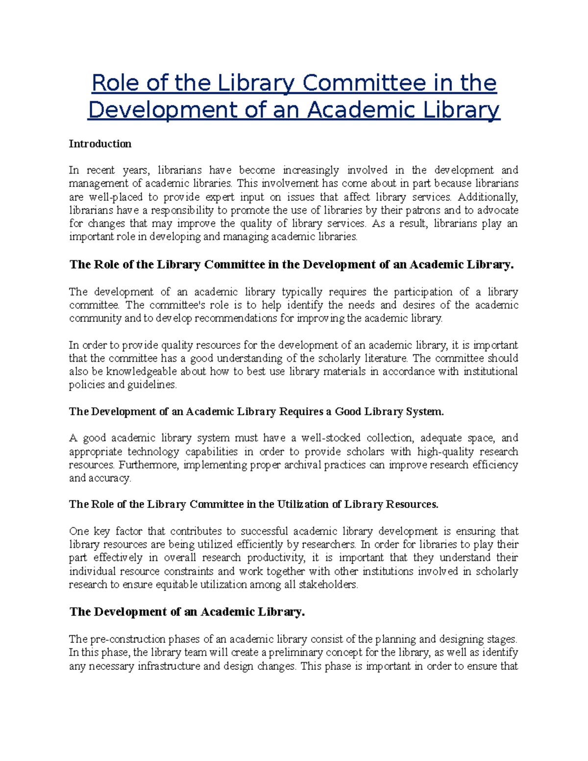 Role of the Library Committee in Developing Academic Libraries - Studocu