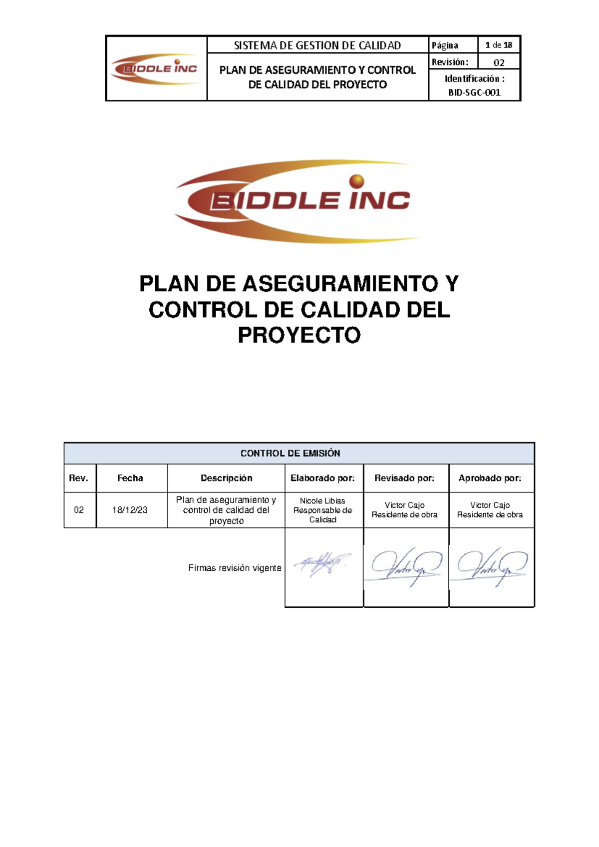 PLAN DE ASEGURAMIENTO Y CONTROL DE CALIDAD DEL PROYECTO - BIDDLE - Document Preview