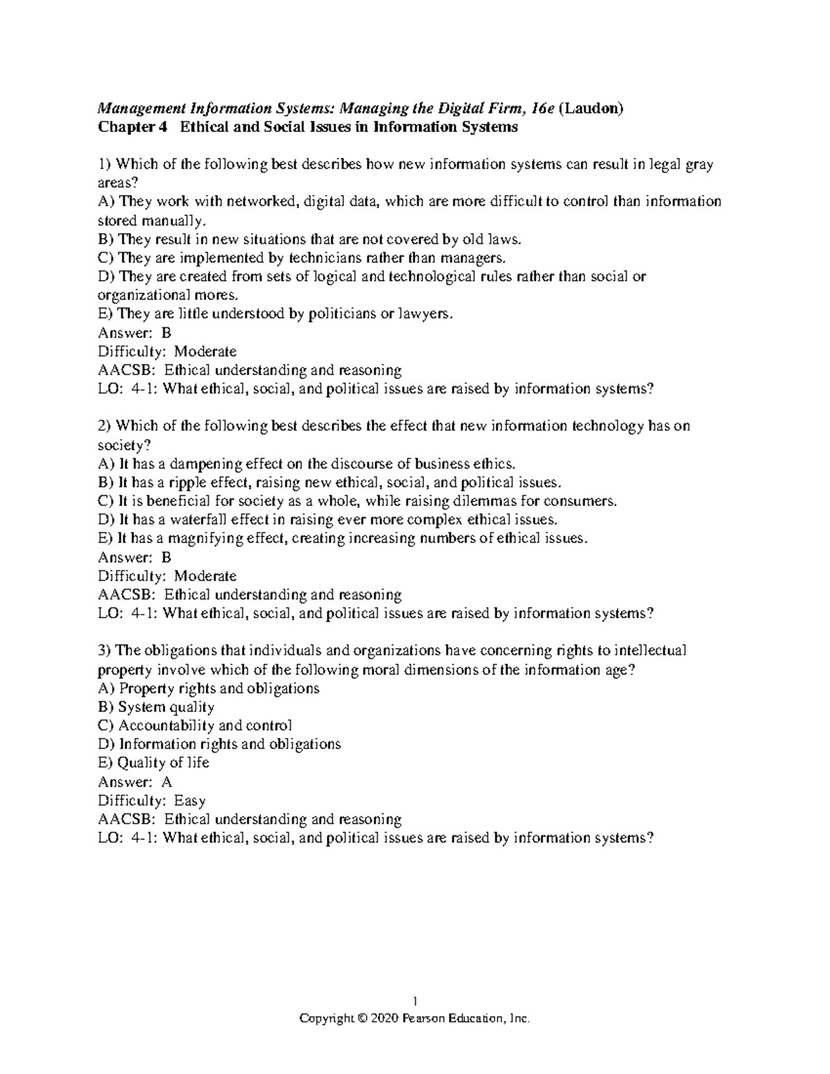 Chapter 04 - Ethical & Social Issues in Information Systems Test Bank - Document Preview
