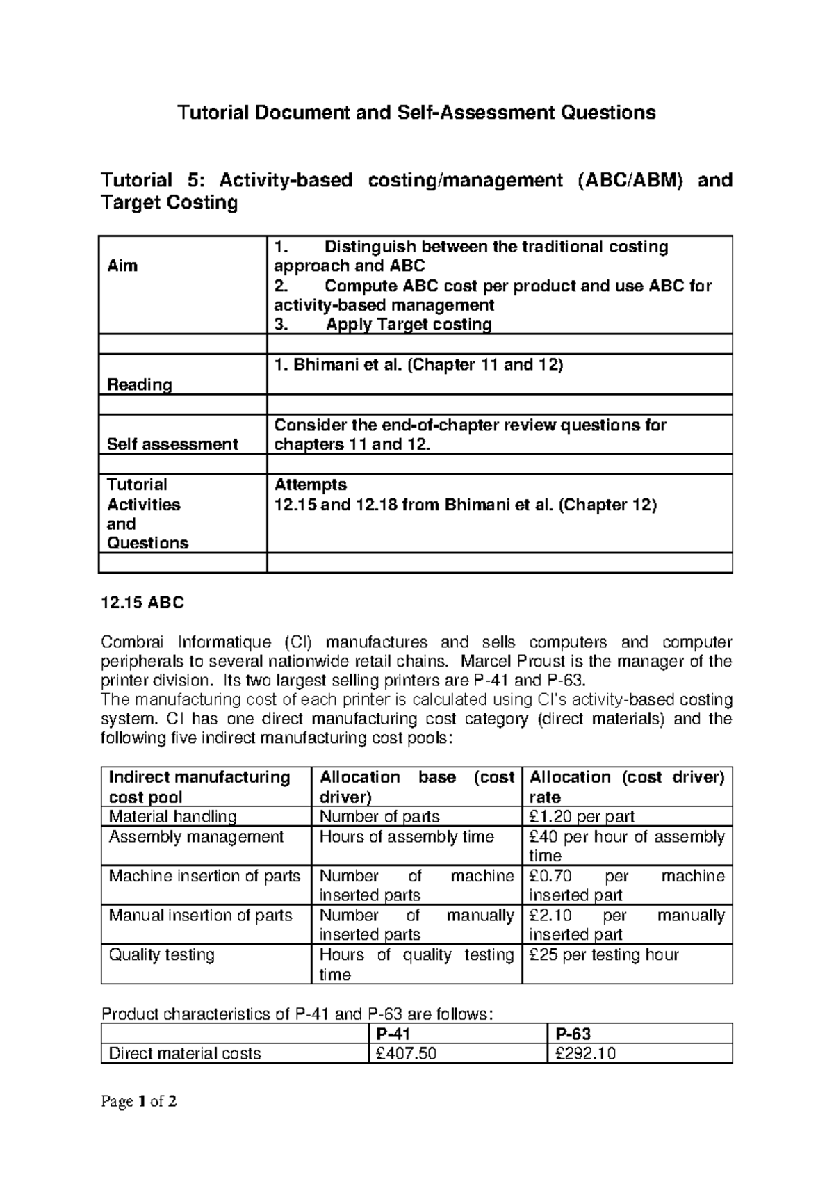 Tutorial 5: Target Costing & ABC Costing Analysis (Bhimani Ch. 11-12 ...