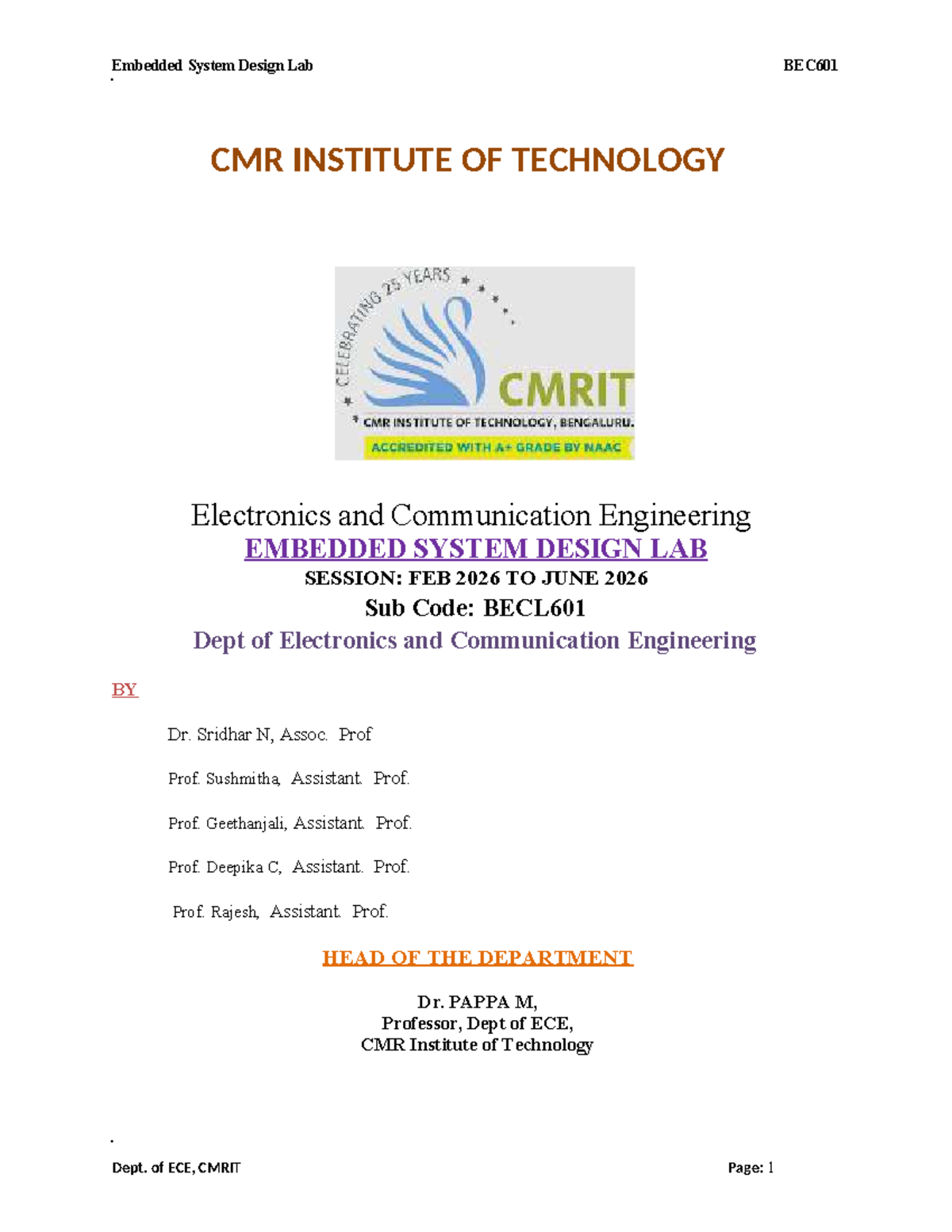 BECL601 Embedded System Design Lab Manual: Experiments & Guidelines ...