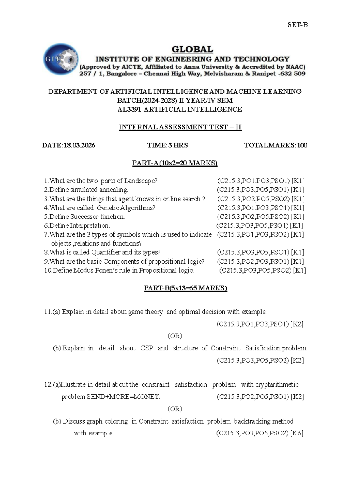 AL3391 AI Internal Assessment Test II - Machine Learning Set B - Studocu