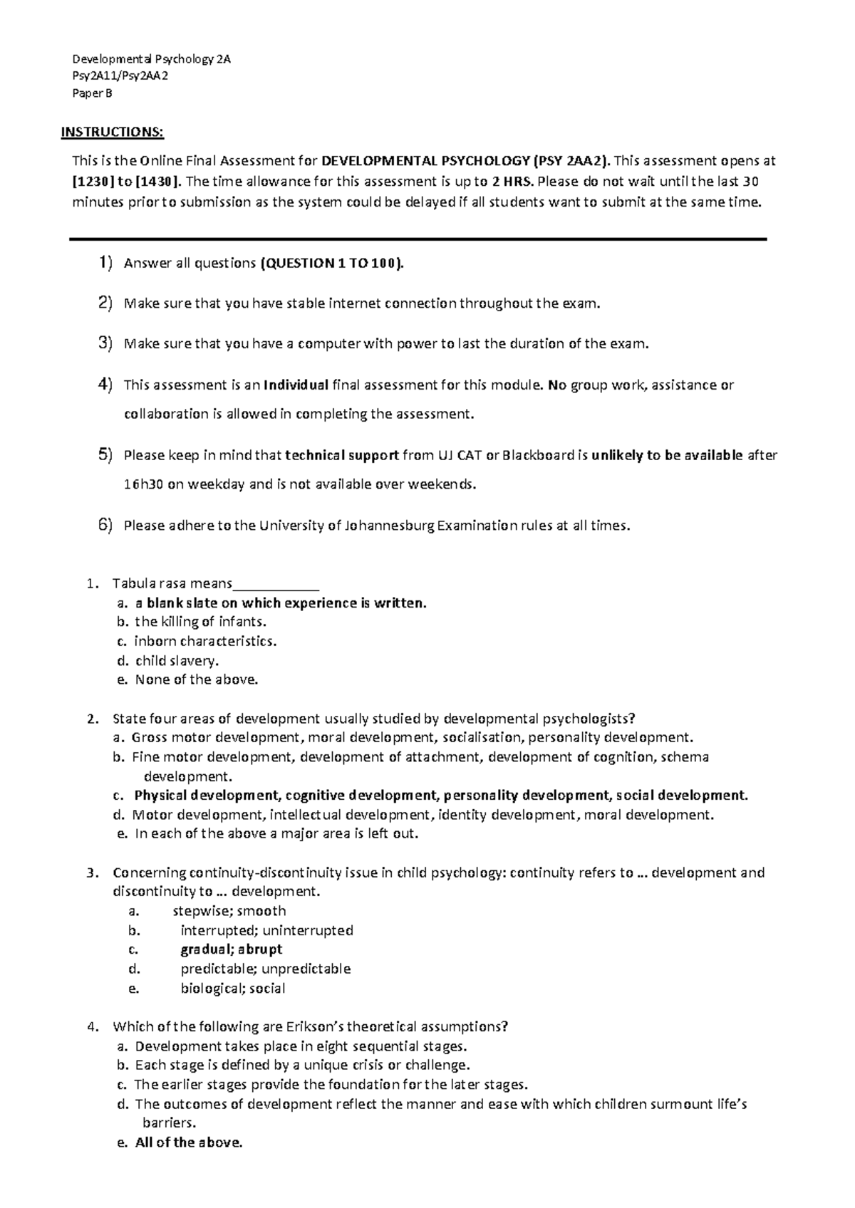 Psy 2AA2 Developmental Psychology Final Exam Paper B Instructions - Studocu