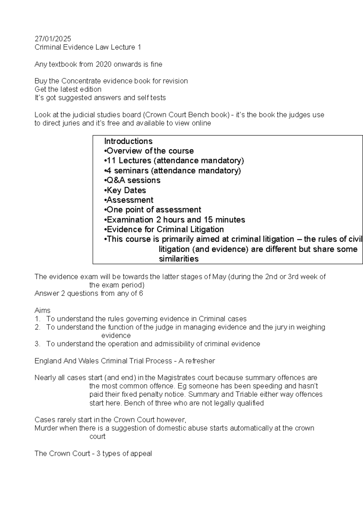 Criminal Evidence Law Lecture 1 - Key Concepts and Principles - Studocu