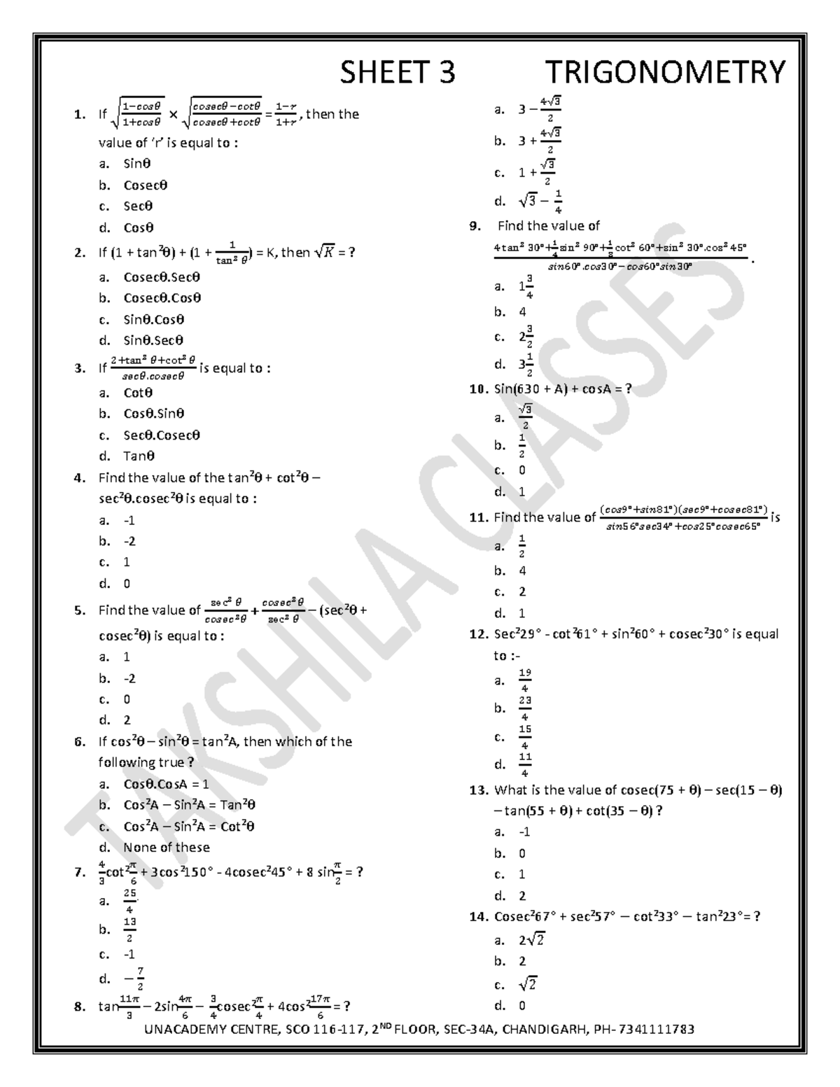 Trigonometry Sheet 3 - Practice Questions and Answers - Studocu