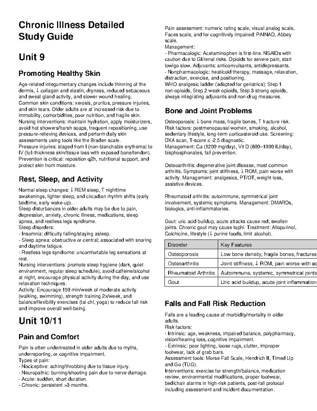 Chronic Illness Study Guide Unit 9: Skin, Sleep, Pain & Falls - Studocu