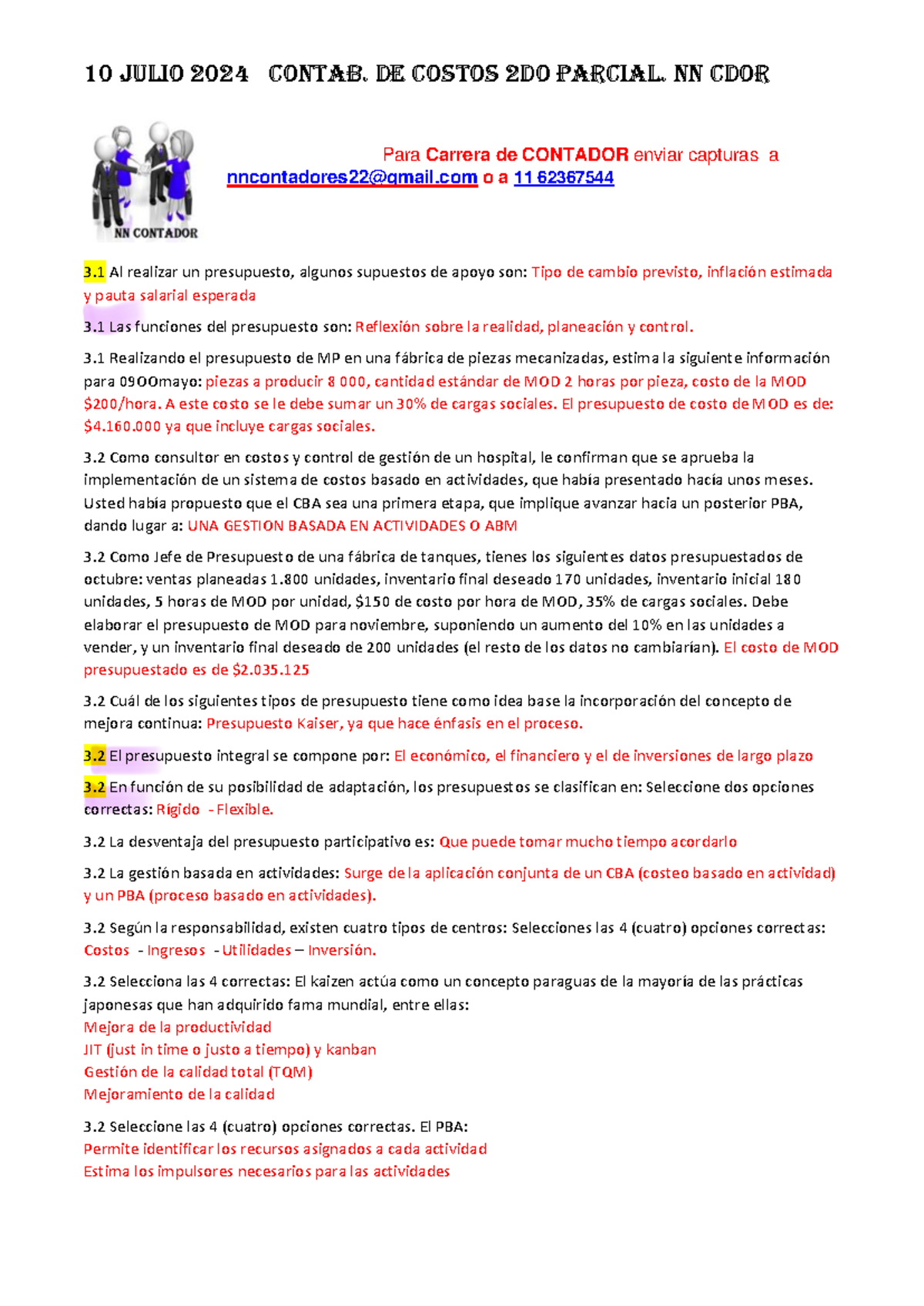 2DO Parcial de Contabilidad de COSTOS - 10 Julio 2024 - NN Cdor - Studocu