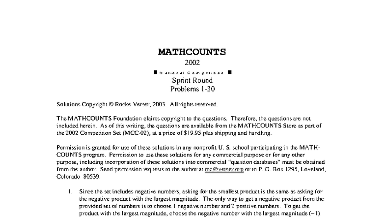 MATHCOUNTS 2002 Sprint Round Solutions and Explanations - Studocu