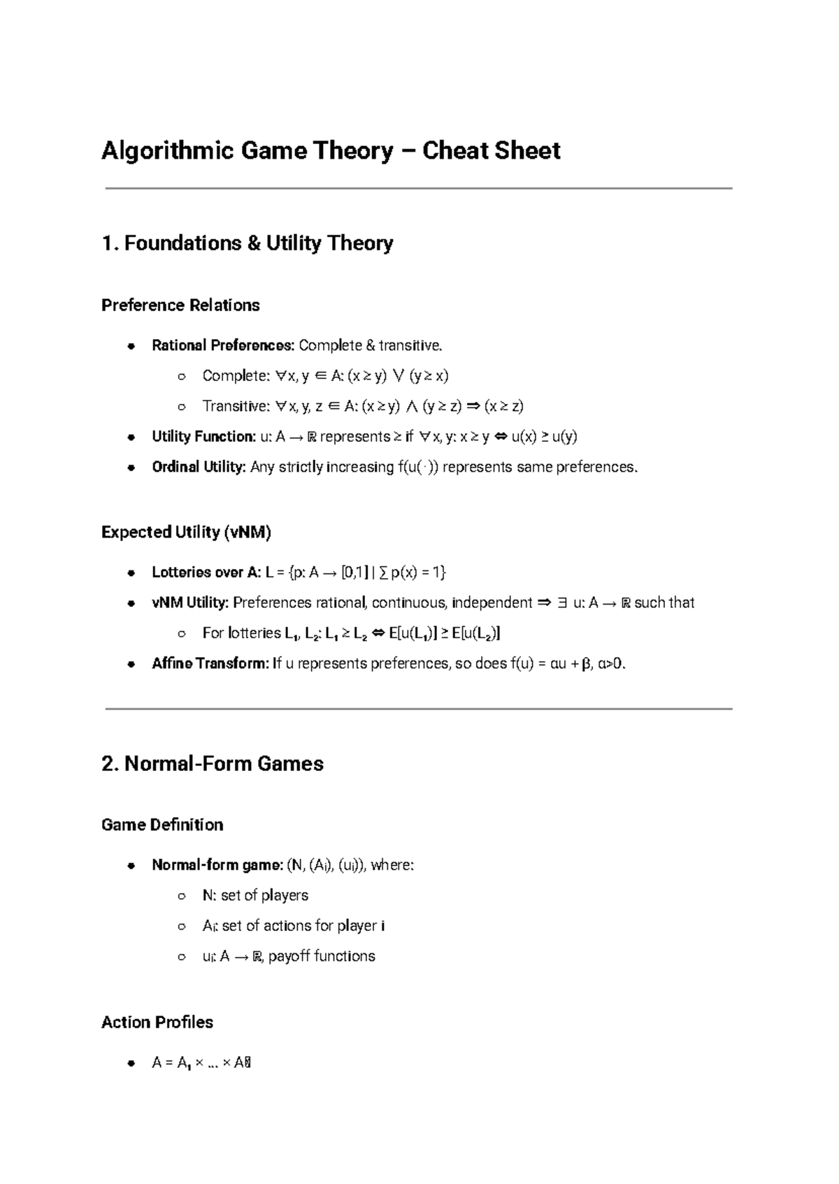 Algorithmic Game Theory Cheat Sheet: Foundations & Concepts - Studocu