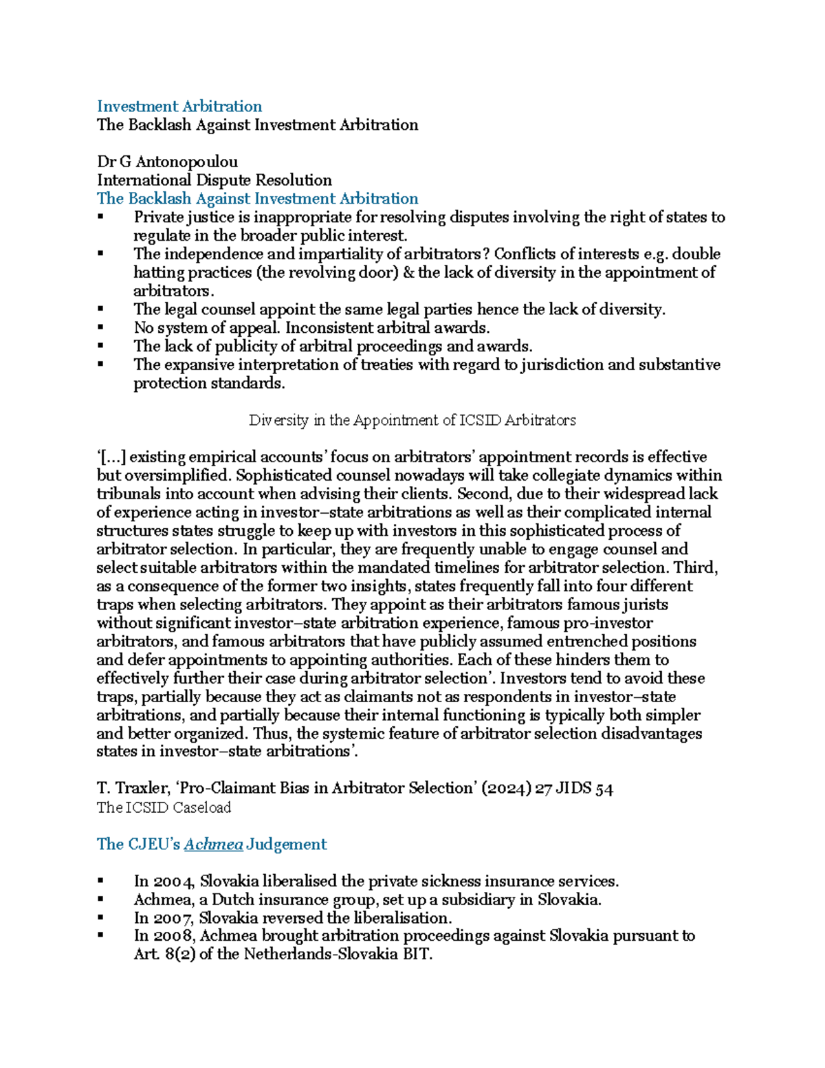 Week 10: The Backlash Against Investment Arbitration (Int Dispute Res ...
