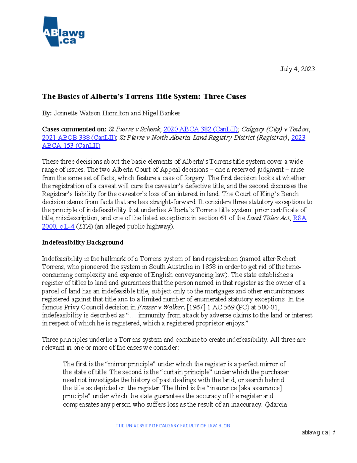 Blog JWH NB: Basics of Alberta Torrens Title System and Key Cases - Studocu
