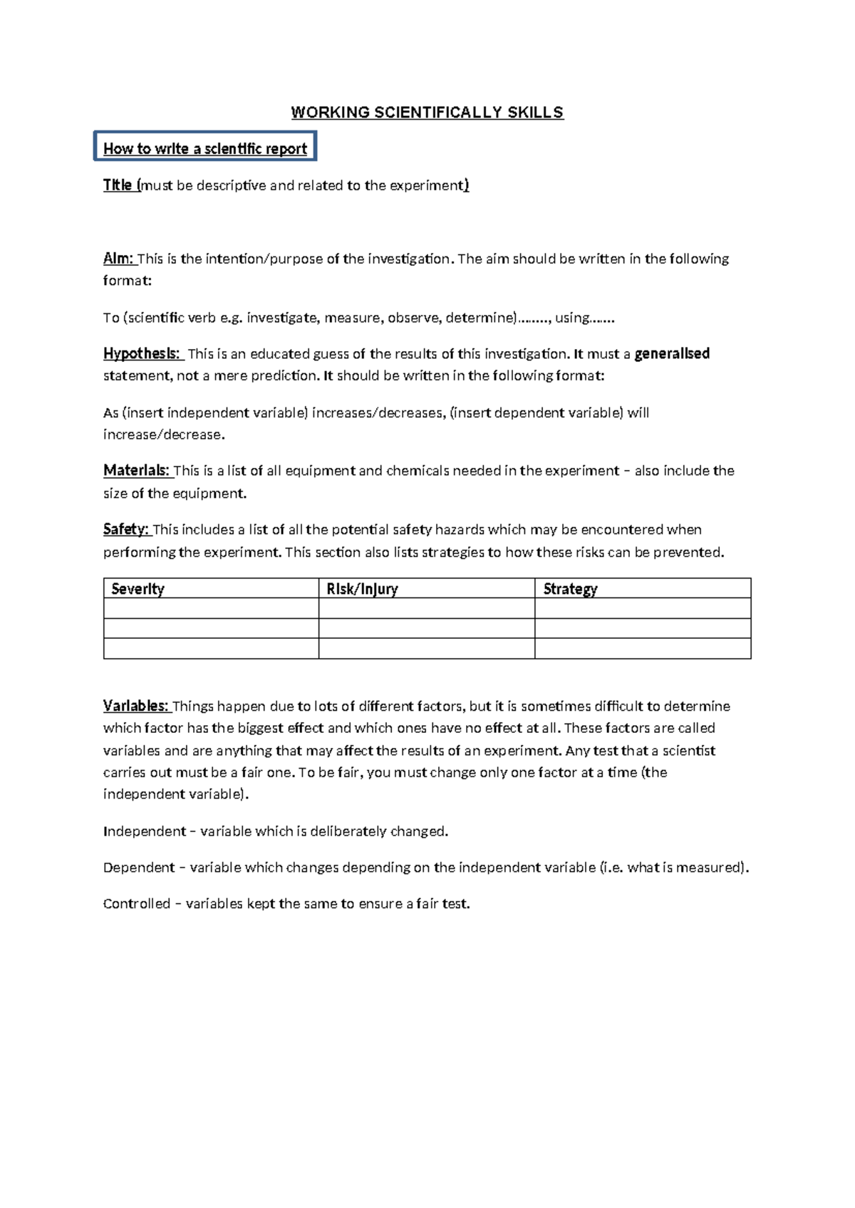 Working Scientifically Skills: Writing a Scientific Report Guide - Studocu