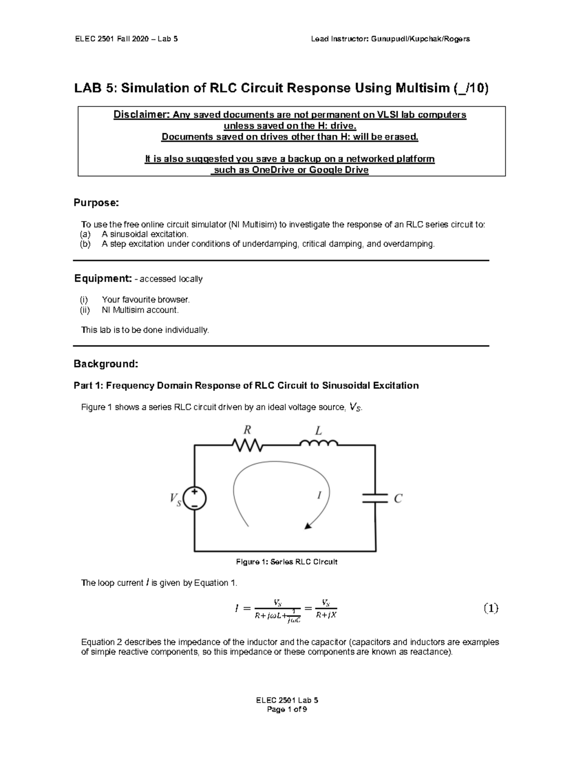 ELEC2501 Fall 2020 - Lab 5: RLC Circuit Response Simulation Using ...