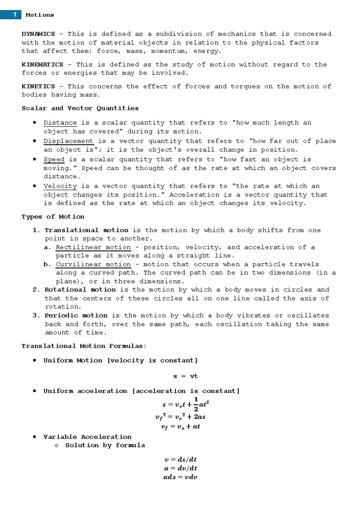 1. Motions - Translational Dynamics and Kinematics Overview - Studocu