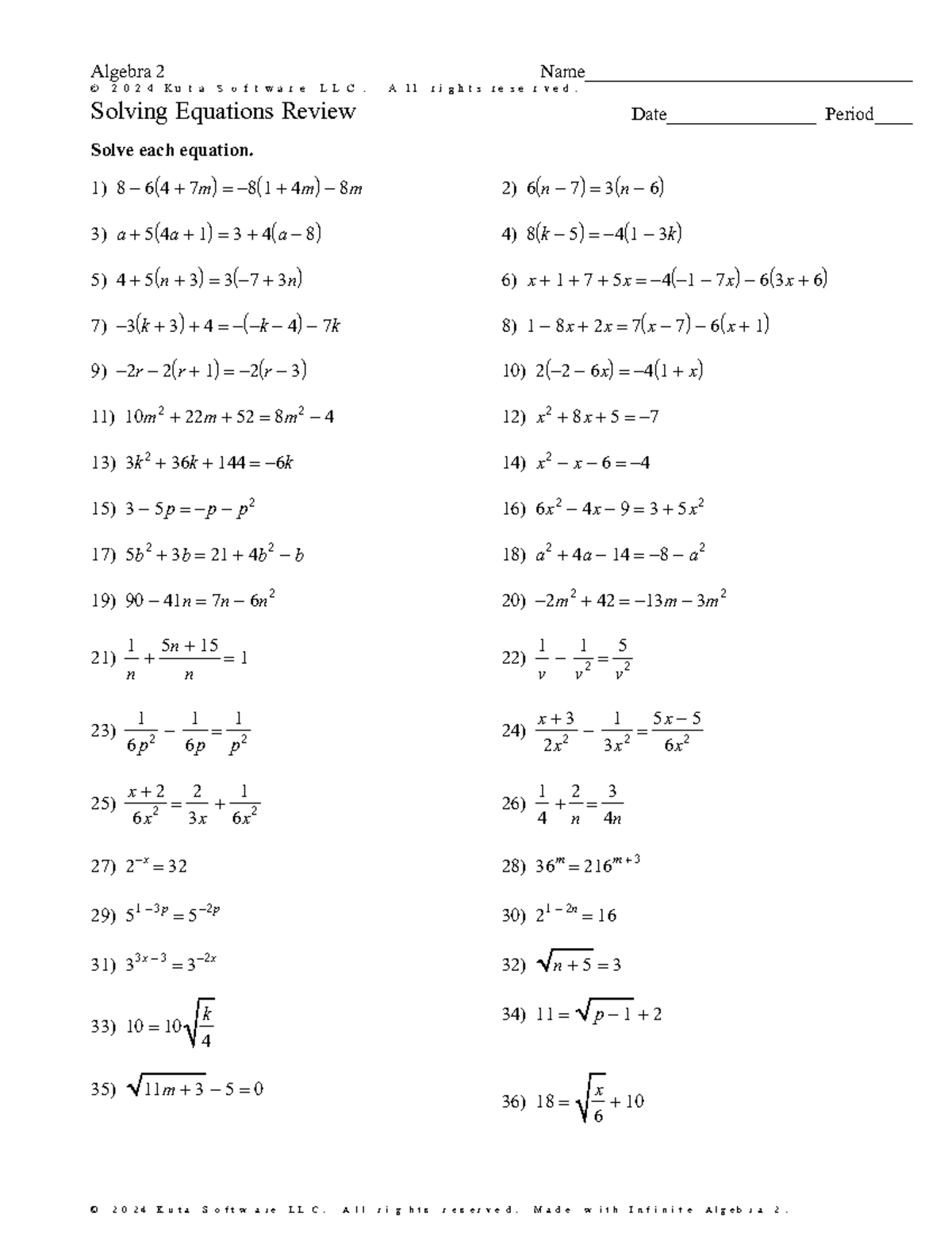 Algebra 2 - Final Exam Review: Solving Equations Practice Worksheet ...