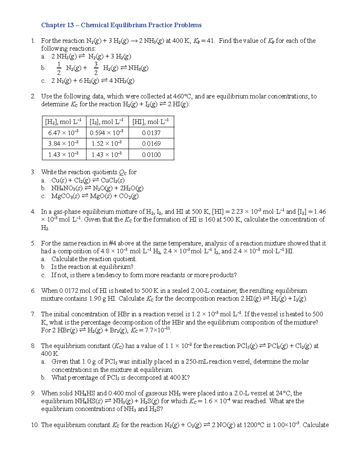 Ch 13 - Chemical Equilibrium Practice Problems & Solutions - Studocu