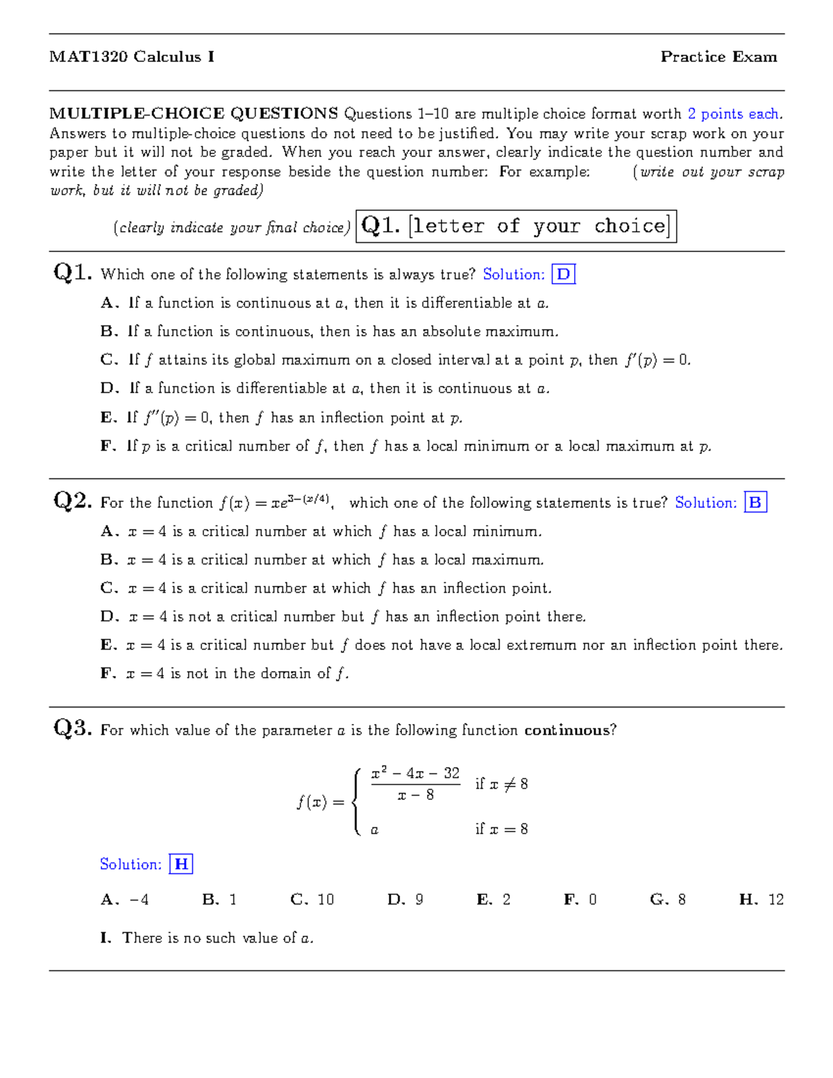 Mat1320 practice Final solutions Corrections - MAT1320 Calculus I ...