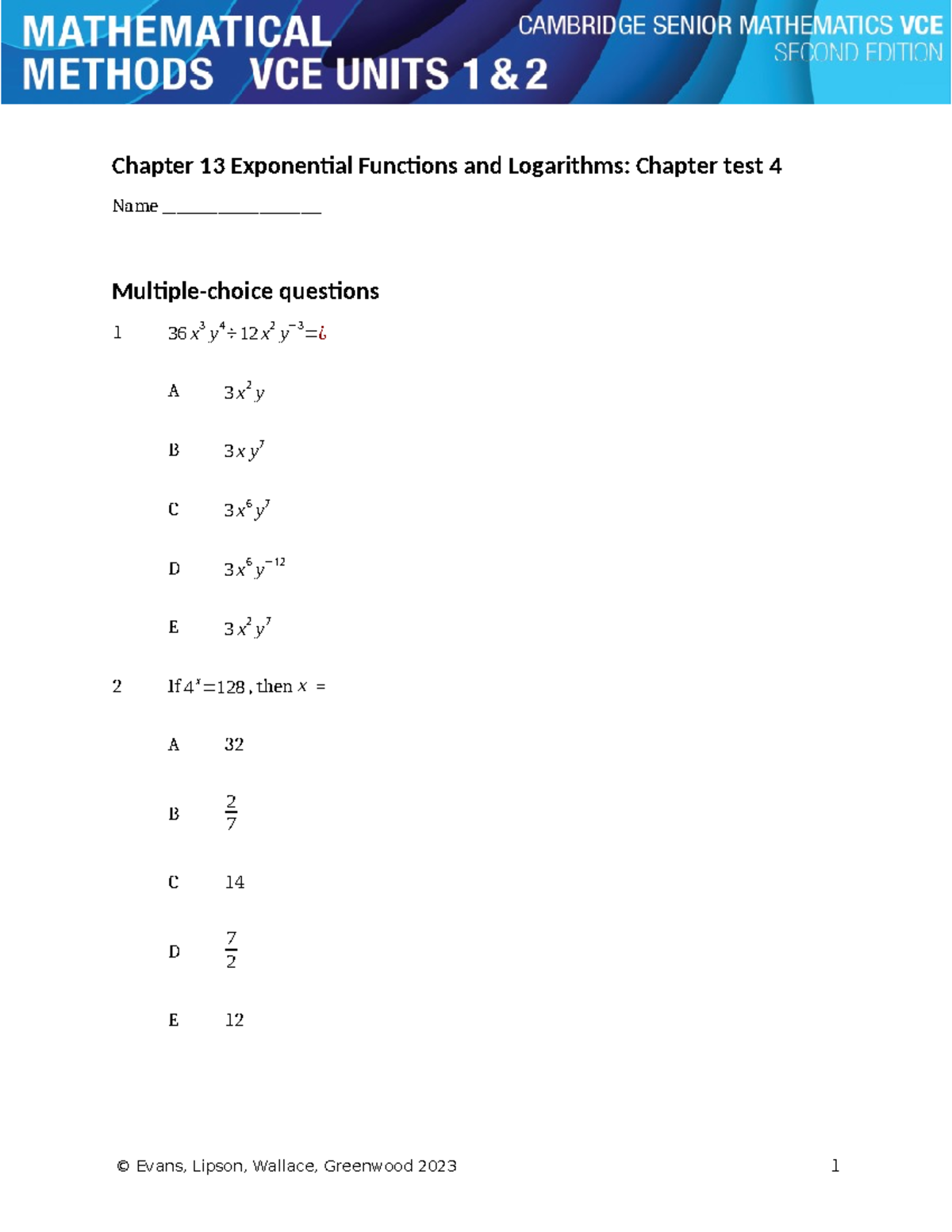 Chapter 13 Exponential Functions & Logarithms: Practice Test - Studocu