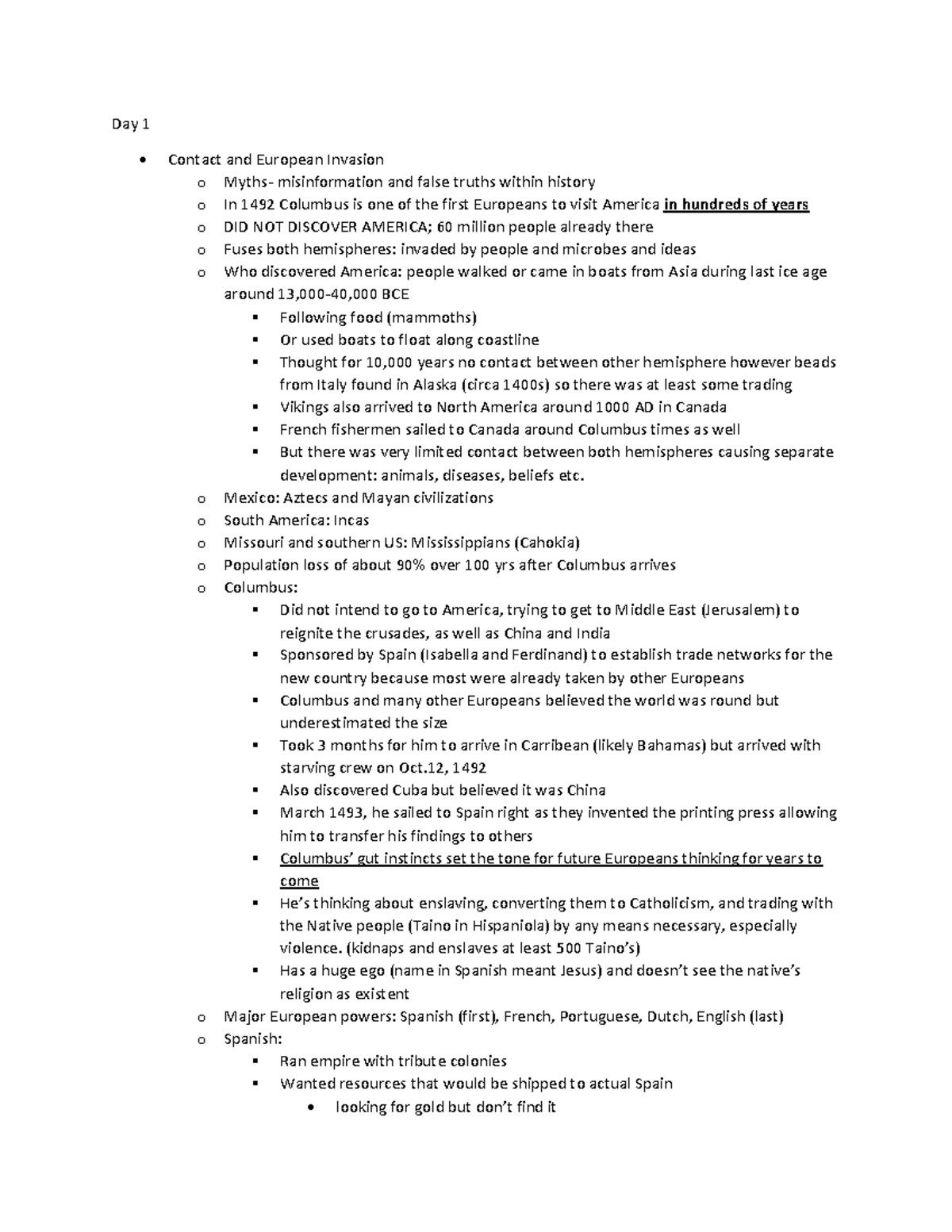 US History - Lecture Notes: Colonization & Myths (Course Code: HIST101 ...