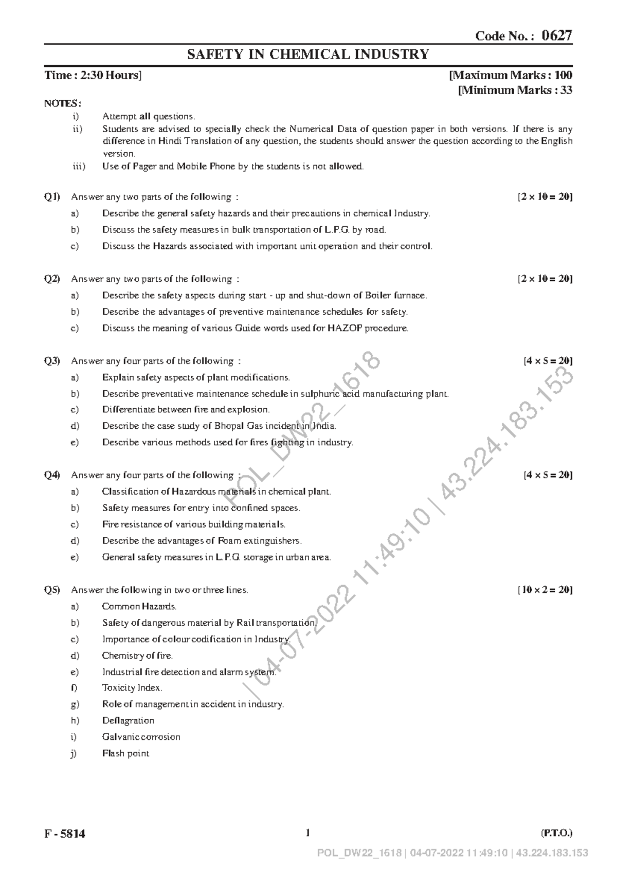 QP0627 - Safety Hazards and Measures in Chemical Industry Notes - Studocu