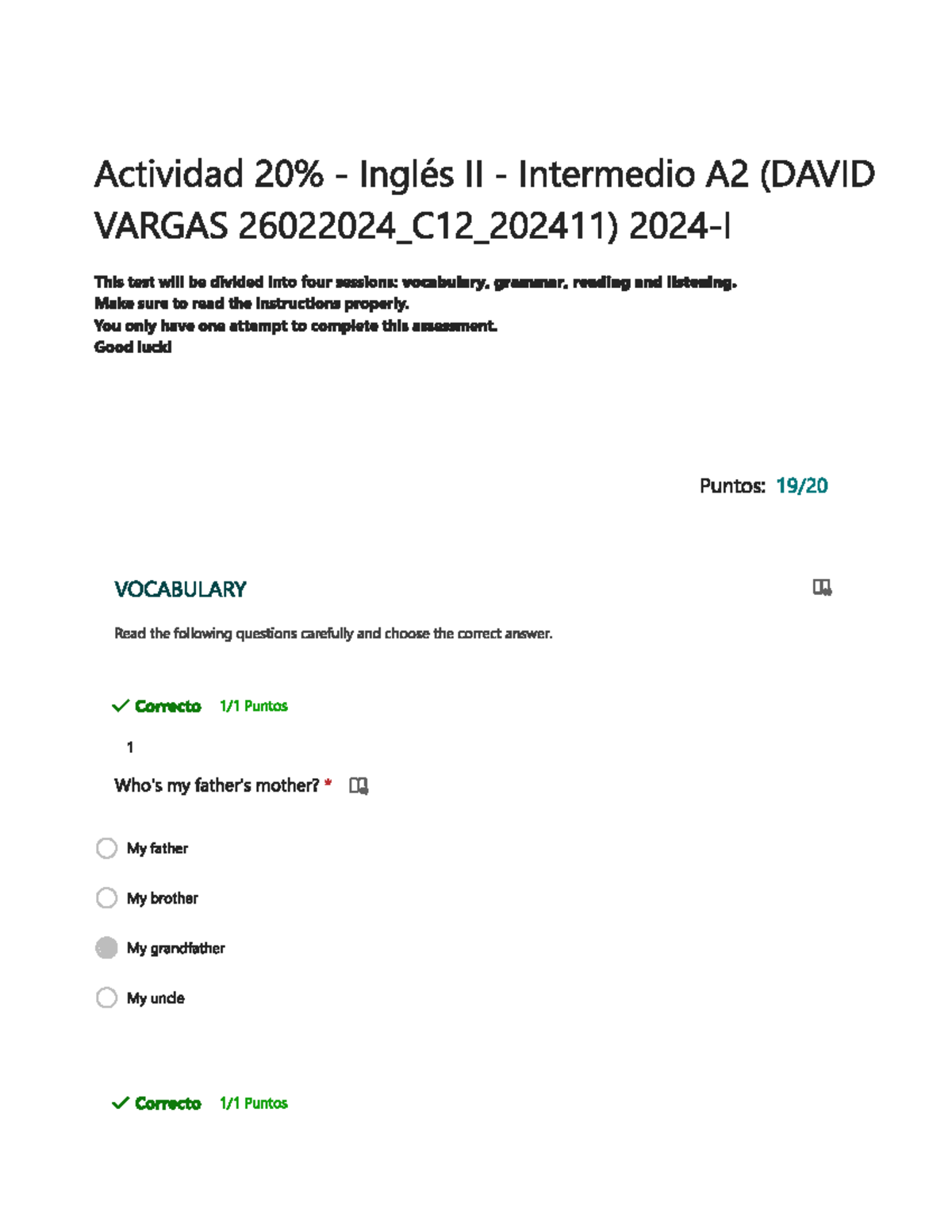 Parcial de ingles II - test - Actividad Inglés II Intermedio A2 (DAVID ...