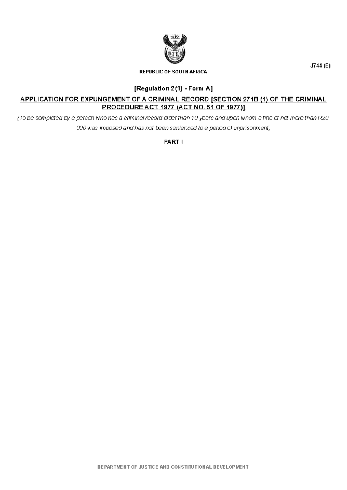 J744(E) Application Form for Criminal Record Expungement - Studocu