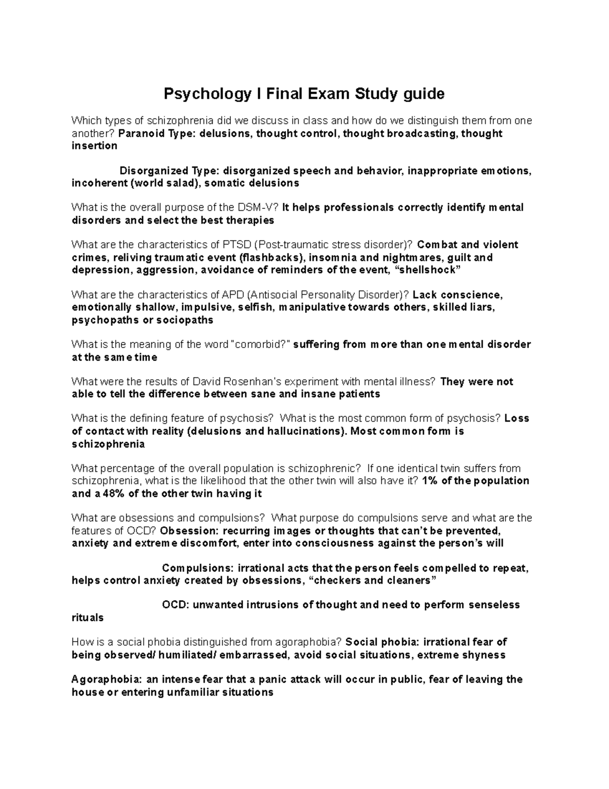 Psychology I Final Exam Study Guide and Review Notes - Studocu