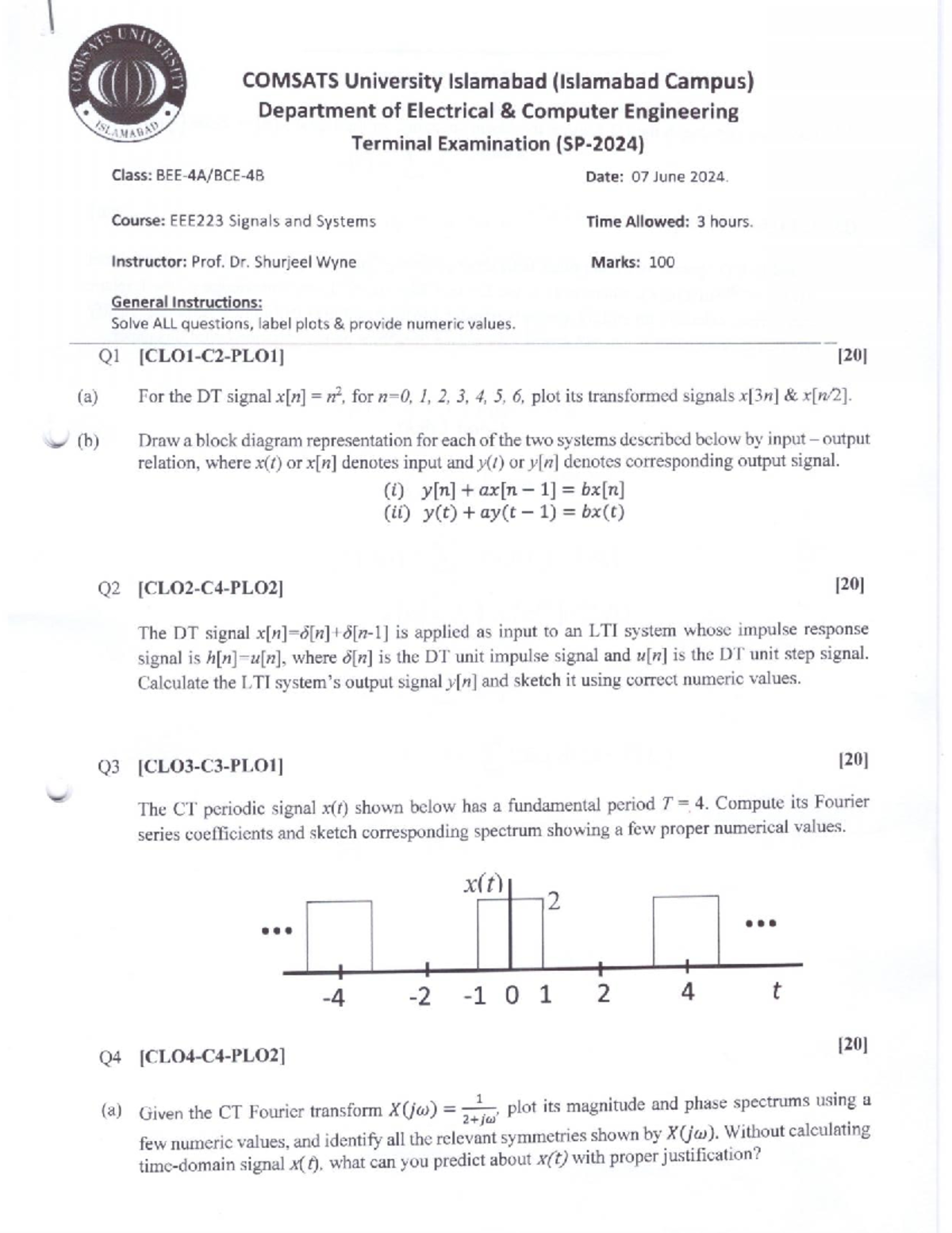 2024SP EEE223 Terminal Exam: Signals and Systems Study Guide - Studocu
