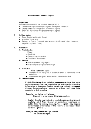 Lesson Pan in Grade 10 English - Lesson Pan in Grade 10 English Content ...